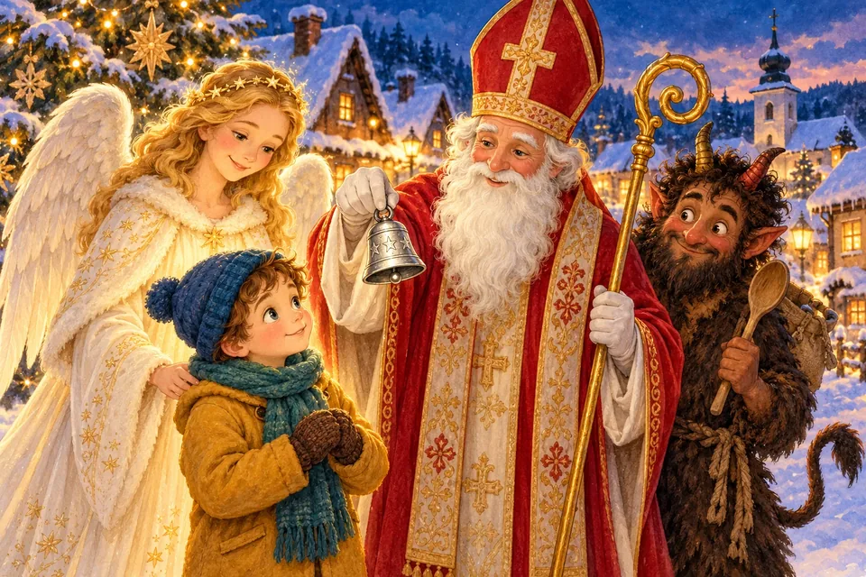 Jakub na zasneženom námestíčku stretáva svätého Mikuláša so strieborným zvončekom, anjela a usmiateho čerta s varechou.